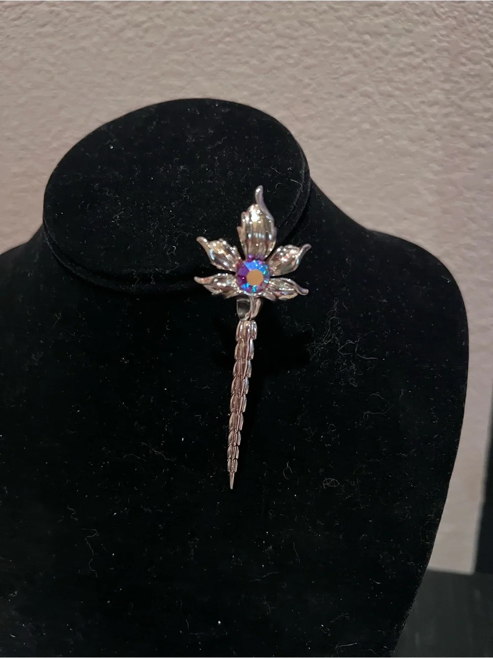 Crystal Flower Drop Brooch - Silver